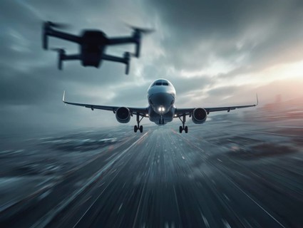 Ein Quadrocopter, Drohne, droht mit einem startenden Verkehrsflugzeug zu kollidieren, während ein