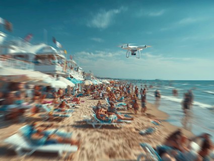 Ein Fernpilot steuert sein Quadrocopter, Drohne über einen dicht besetzten Badestrand, um illegale