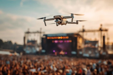 Ein Fernpilot steuert sein Quadrocopter, Drohne illegal über ein Open-Air Musik Konzert mit vielen