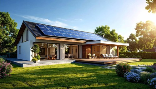 Residential house with solar panels on the roof, beautiful sunrise, AI generated