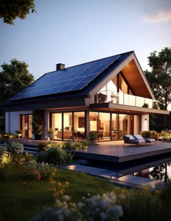 Residential house with solar panels on the roof, beautiful sunrise, AI generated