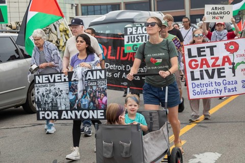 Detroit, Michigan USA - 23 August 2025 - Protesters rally at Eastern Market, banging empty pots to