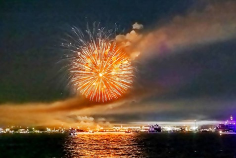 Lake Night Festival Constance. Water fireworks over the German shore and the neighbouring Swiss