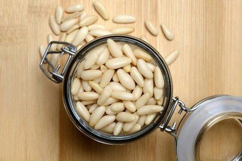 Pine nuts in glass containers, Pinus pinea