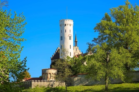 Lichtenstein Castle, fairytale castle of Württemberg, romantic fairytale castle on the eaves of the