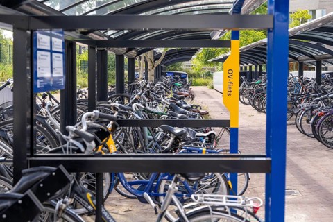 Bicycle parking spaces and boxes on the cycle path in the east of Utrecht, at Utrecht-Lunetten