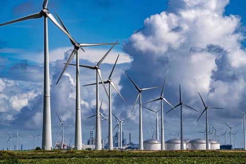 Wind farms Westereems and Growind, in the north of the Netherlands, near Eemshaven, energy centre,