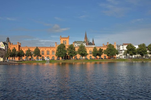 Pfaffenteich with arsenal, church tower of St Paul's Church, shore, lake, Schwerin,