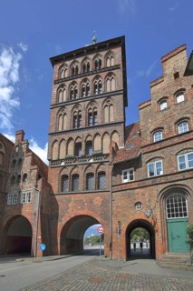 Historic castle gate and customs officers' house as parts of the former city fortifications, city