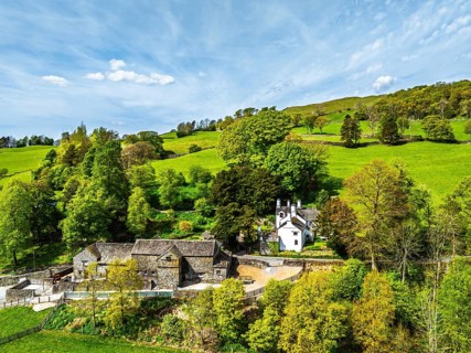 Farms and Fields from a drone, Townend house, Troutbeck, Windermere, Lake District, Cumbria, UK