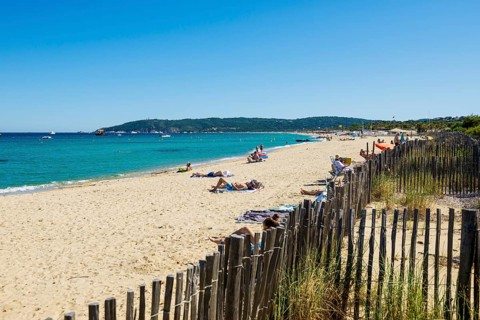 Sandy beach beach, Plage de Tahiti, Saint Tropez, Var, French Riviera, Provence-Alpes-Cote d'Azur,