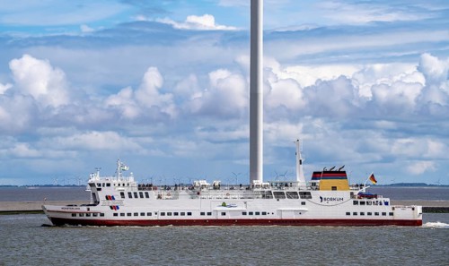 The North Sea car ferry Münsterland, departs from the ferry harbour of Eemshaven, in the Ems