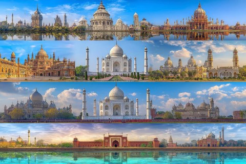 Collage of churches, mosques and hindu temples. Concept of travel and sightseeing, AI generated