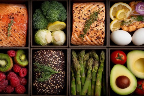 Collage of boxes with healthy food for various diets that improve digestive and heart health, AI