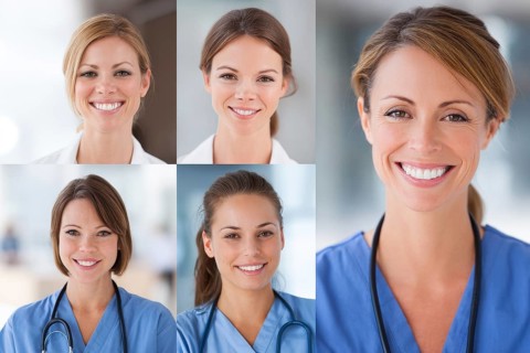 Collage of hospital nurses and medical professionals smiling. Concept of hospitality and excellent