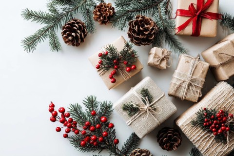 Christmas and New Year holiday background. Xmas greeting card and gifts on white background top