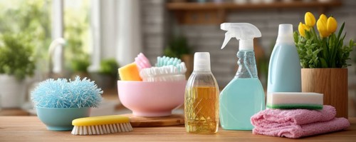 Cleaning set with products and tools on kitchen table, AI generated