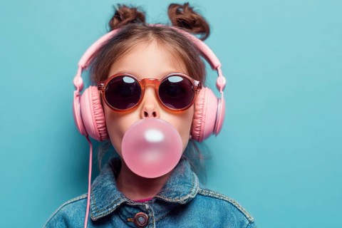 Child in a big headphones and bubble gum, AI generated
