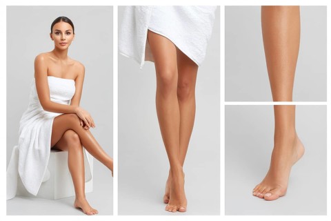 Collage of a clean shaved legs beautiful woman, concept of epilation and beauty spa treatment, AI