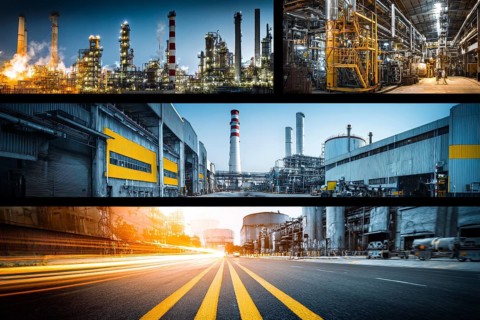 Collage of industrial factories and warehouses. Illustration of global international trade and
