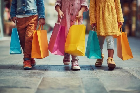 Children with colourful shopping bggs, AI generated