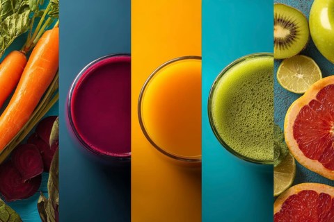 Collage healthy organic juices that improve digestion health and heart health, AI generated