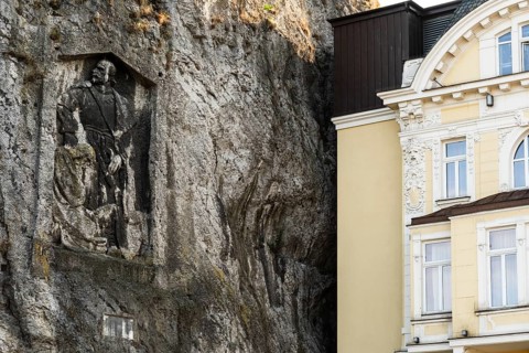 Hotel Elizabeth with relief by Jan Jiskra on the castle hill in Trencin, Capital of Culture 2026,