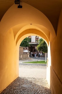 Alley with a view of the square and the Plague Column in the historic centre of the Capital of