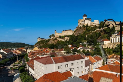 View of Trencín Castle, St Mary's Castle and the old town centre from the town tower, Capital of