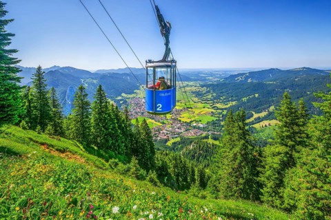 Laberberg cable car with view of the village, Oberammergau, Ammertal, Ammergebirge, Upper Bavaria,