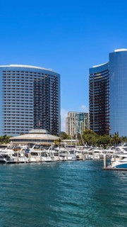 USA, California, San Diego Bay marina and Seaport Village in downtown near Gaslamp Quarter