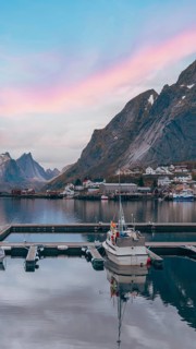 Beautiful Reine fishing village, scenic dramatic views of Lofoten islands in Norway