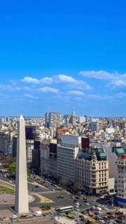 Panoramic cityscape and skyline view of Buenos Aires near landmark obelisk on 9 de Julio Avenue