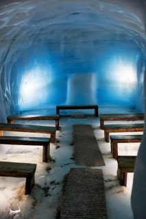 Ice tunnel, wooden benches, illuminated glacier cave, illustration, Langjökull glacier, Husafell,