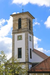 Protestant church, church, sacred building, church square, church tower, clock, Gomaringen,
