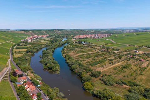 Mainschleife in summer, charburner near Volkach, behind Escherndorf, Nordheim and Vogelsburg,