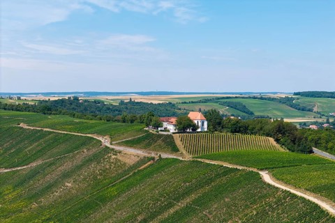 Vogelsburg near Volkach with monastery church of the Protection of the Virgin Mary, aerial view,