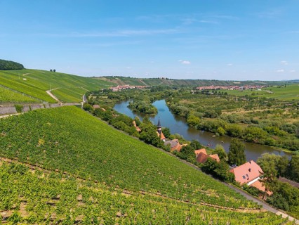 Mainschleife in summer, charburner near Volkach, behind Escherndorf, aerial view, Lower Franconia,
