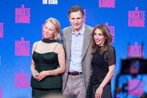 Pamela Anderson, Liam Neeson and Erica Huggins (producer) at the film premiere of The Naked Gun at