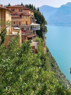 View of Terrazza del Brivido from Hotel Paradiso on high cliffs on the western shore of Lake Garda
