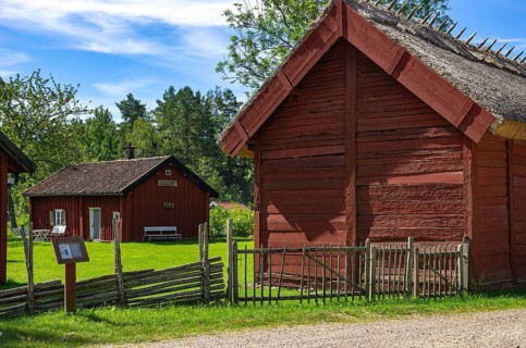 Traditional historic heritage-protected Swedish houses in Rada, Lidköping, Västergötland, Västra