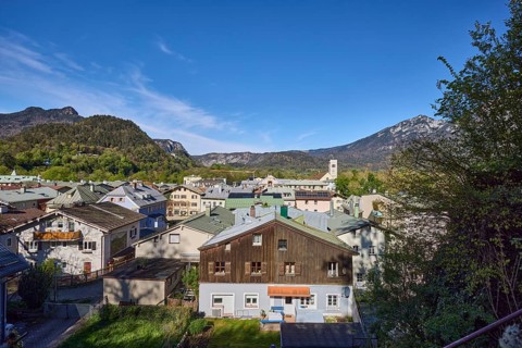 Long shot, historic old town, bird's eye view, historic buildings, church, St. Nicholas, trees,