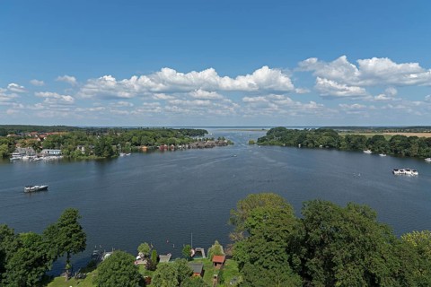 View from the tower of St Mary's Church, Müritz, lake, boats, boathouses, holiday homes, Röbel,