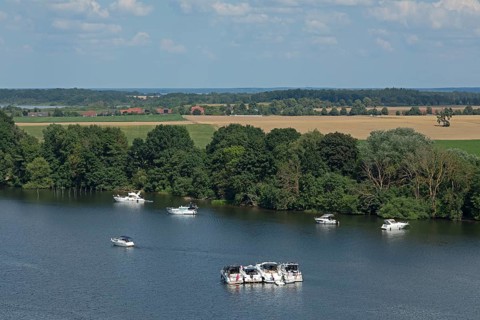 View from the tower of St Mary's Church, motor yachts, Müritz, lake, trees, Röbel, Mecklenburg Lake