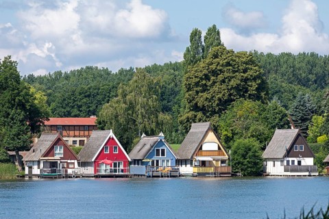 Boathouses, holiday homes on Lake Mirow, Mirow, Mecklenburg Lake District, Mecklenburg-Western