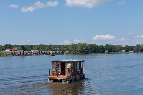 Boathouses, holiday homes on Lake Mirow, houseboat, Mirow, Mecklenburg Lake District,