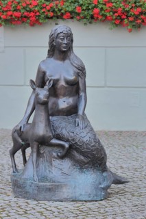 Landmark Slusia, mermaid, fairy, deer figure, female figure, town history, legend, town hall,