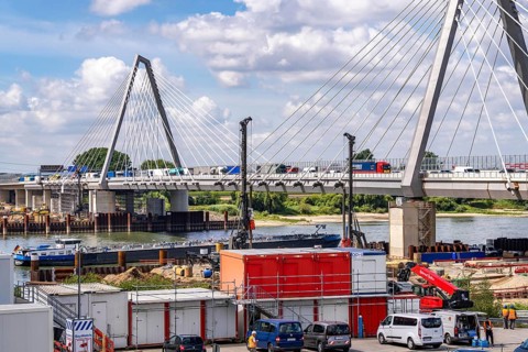 New construction of the second motorway bridge of the A1 over the Rhine near Leverkusen, after
