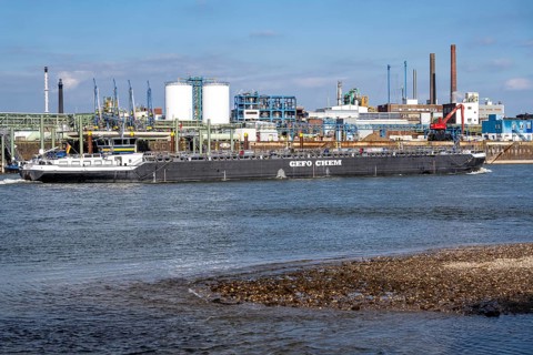 Scenery of Chempark Leverkusen, Bayer Leverkusen, chemical park, chemical plant, river Rhine, cargo
