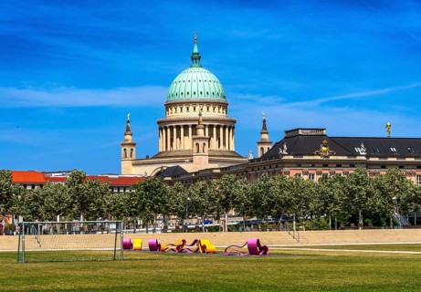 Modern seating elements in the Lustgarten, Potsdam, Brandenburg, Germany